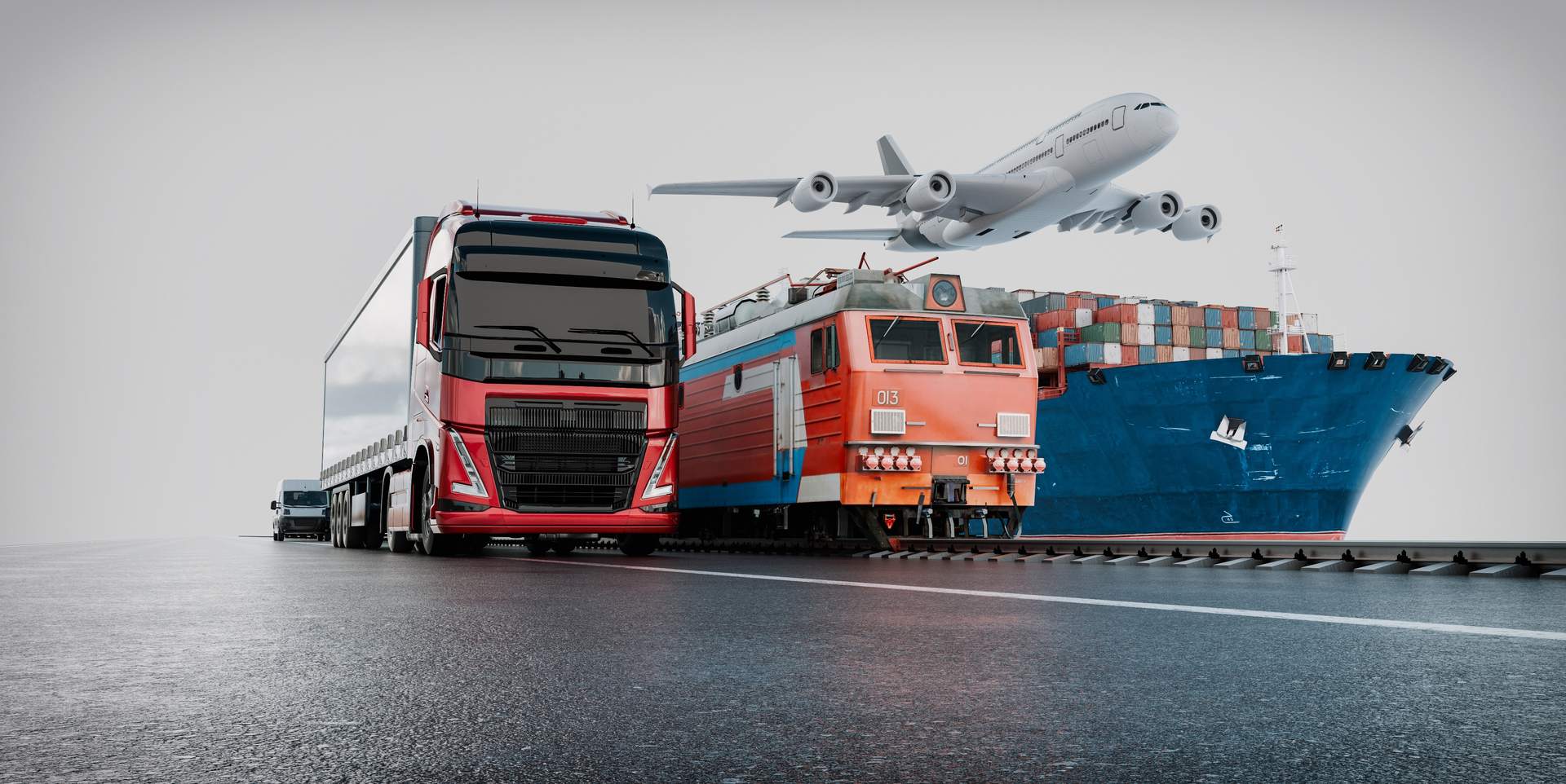 Semi truck, freight train, cargo plane and container ship side by side